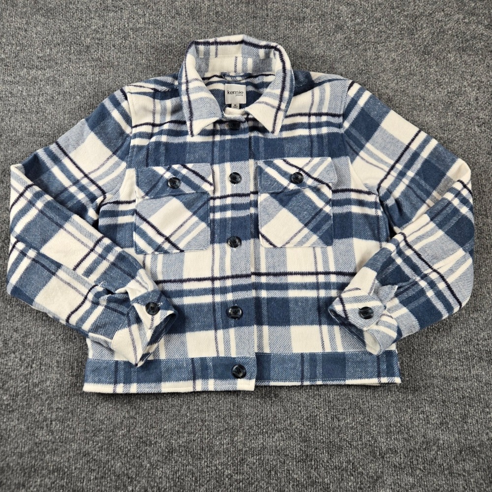 Kensie Jeans Plaid Shacket Womens M Blue White Fleece Shirt Jacket NWT
